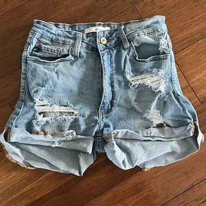 DISTRESSED HIGH WAISTED DENIM SHORTS